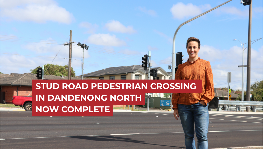 Gabrielle Williams stands beside the new pedestrian crossing