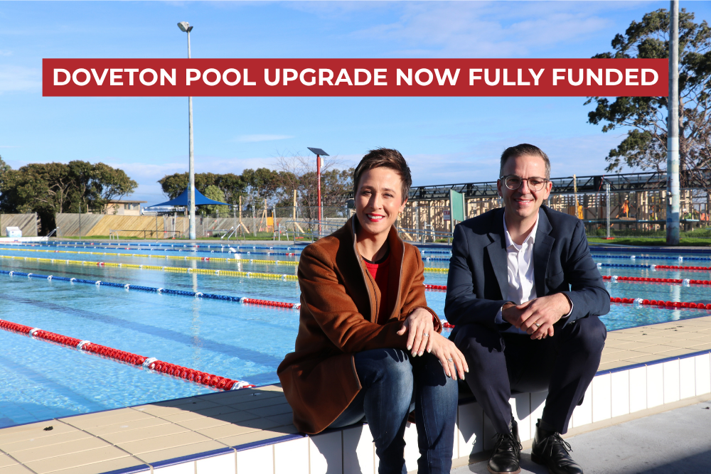 Gabrielle Williams sits beside the outdoor Doveton Pool with Mayor Cr Stefan Koomen of Casey Council