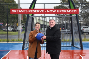 Gabrielle Williams with Cr Jim Memeti at the upgraded Greaves Reserve