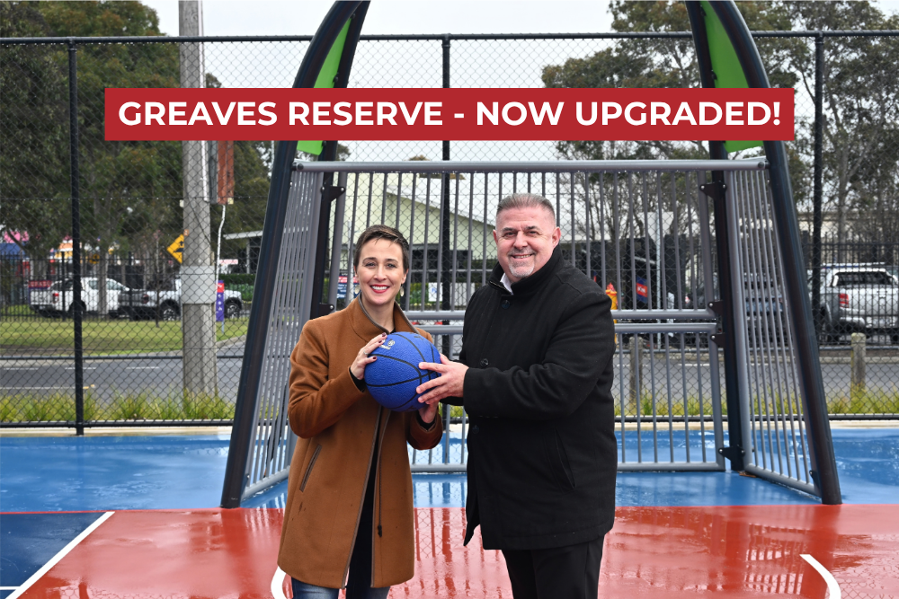 Gabrielle Williams with Cr Jim Memeti at the upgraded Greaves Reserve