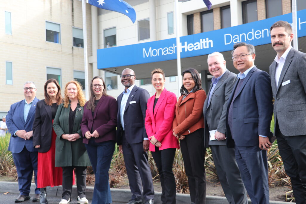 Gabrielle Williams stands with Labor colleagues in front of Dandenong Hospital